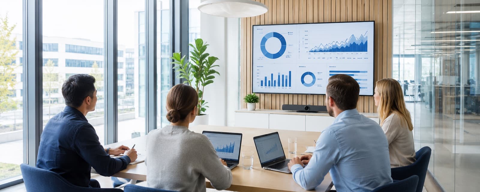 Equipa a trabalhar em conjunto com portáteis e código no ecrã
